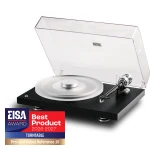 Turntable with clear lid and a standing award badge reading "Best Product 2026-2027 Turntable Pro-Ject Debut Reference 10" on the bottom left.