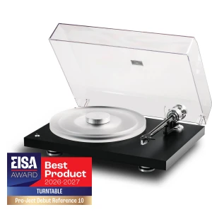 Turntable with clear lid and a standing award badge reading "Best Product 2026-2027 Turntable Pro-Ject Debut Reference 10" on the bottom left.