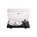Turntable with a clear plastic lid on a black base, silver platter and chrome tonearm.