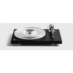 High-end turntable with a silver platter and chrome tonearm on a black rectangular base, set on a white background.