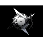 Abstract graphic of a silver turntable with jagged gray shapes on a black background