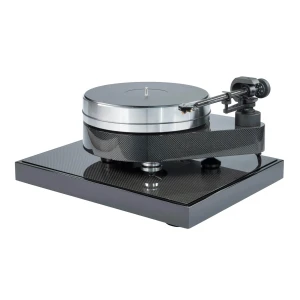 Modern turntable with a metallic platter, carbon-fiber base, and precision tonearm on a glossy platform.