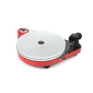 Red and black turntable with a silver platter and tonearm set for playing vinyl records