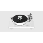 Modern white turntable with a black platter and chrome accents, photographed from above-left.