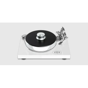 Modern white turntable with a black platter and chrome accents, photographed from above-left.