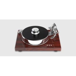 High-end wooden turntable with a large black platter and chrome tonearm from a top-right angled perspective.