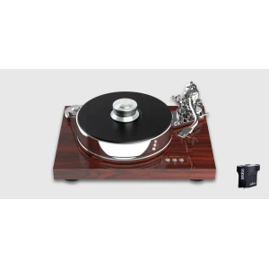 High-end turntable on a glossy wooden base with a black platter and chrome tonearm.