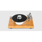 Wooden turntable with a black platter and chrome tonearm, photographed from above.