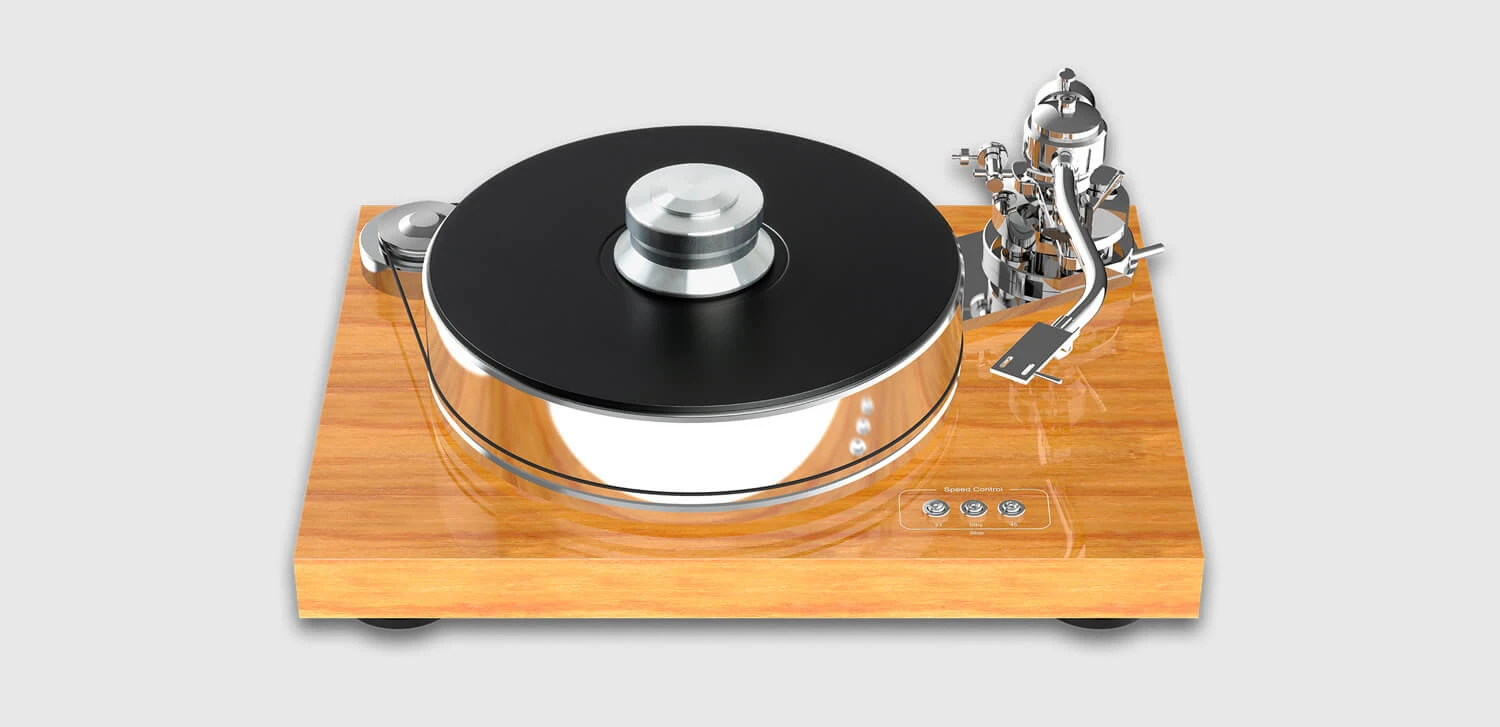 pro-ject-signature-10-olivova-bez-prenosky - Enigma High Fidelity Audio Wooden turntable with a black platter and chrome tonearm, photographed from above.