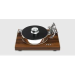 Wooden-turntable with a chrome-plated platter and tonearm, viewed from above on a light background.
