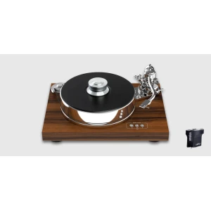 High-end turntable on a wooden base with a black platter and chrome tonearm.