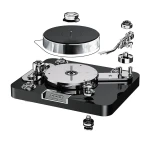 Exploded diagram of a turntable showing platter, tonearm assembly, and chrome components separate from the black base for assembly reference