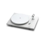 White record player with circular platter and tonearm on a gray base