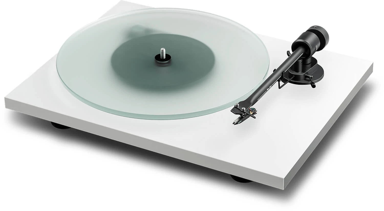 pro-ject-t1-evo-biela-om10 - Enigma High Fidelity Audio White minimalist turntable with a frosted glass platter and black tonearm on a white base.