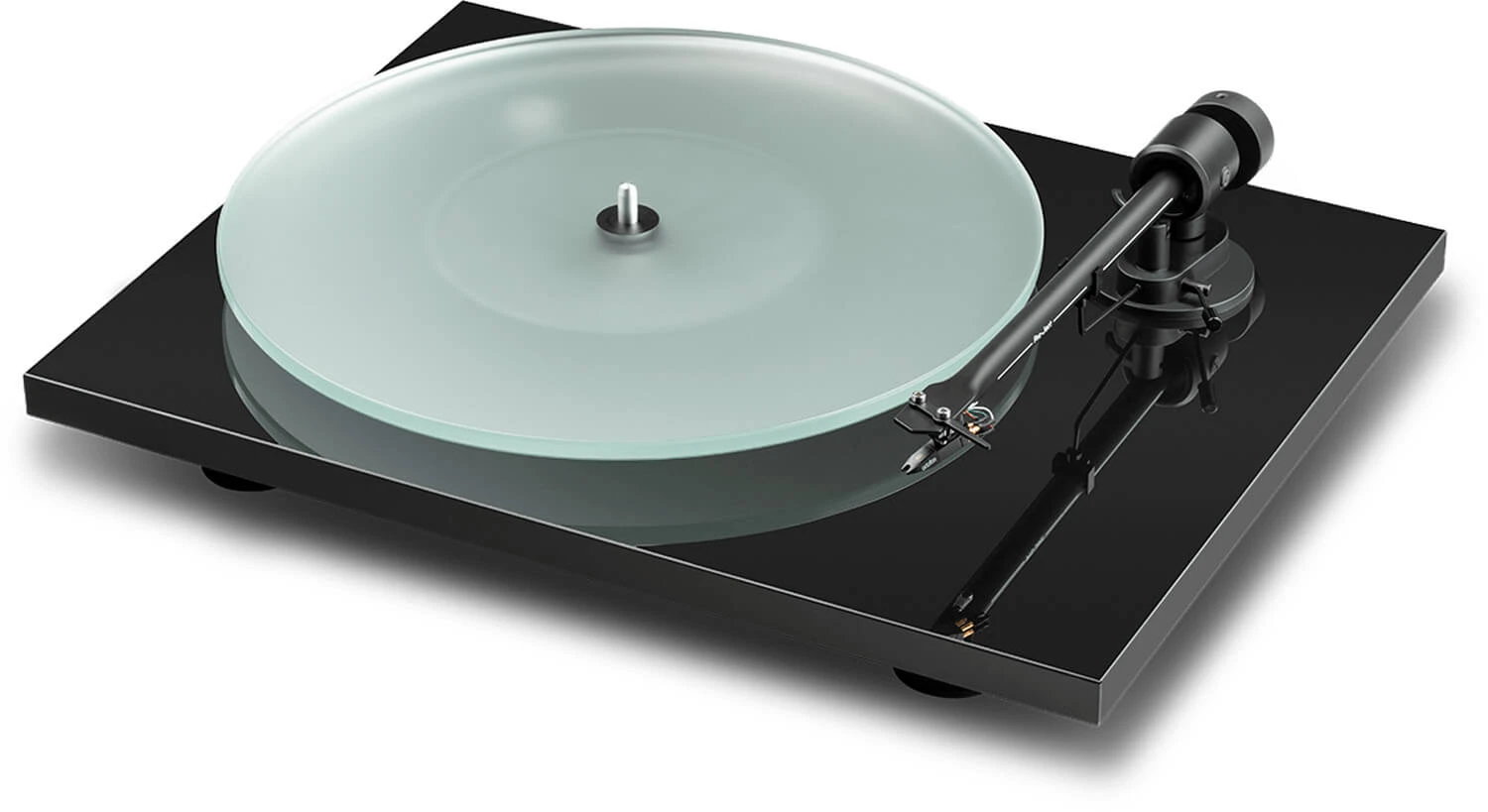 pro-ject-t1-evo-cierna-om10 - Enigma High Fidelity Audio Turntable with a frosted glass record on a black acrylic base and a silver-tonearm set for playing vinyls (no needle on groove).