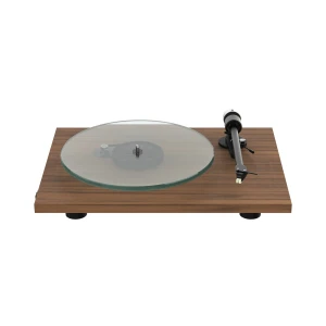 Wooden turntable with a glass platter and right-side tonearm on a rectangular base.