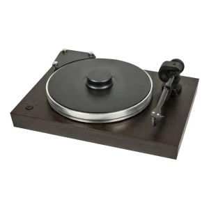 Turntable on a dark wood base with a large black platter and right-side tonearm.