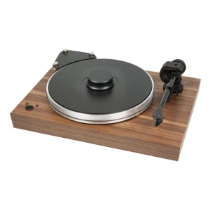 Turntable on a walnut wooden plinth with a black platter and tonearm resting to the right.