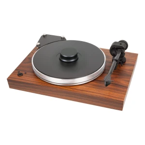 Turntable on a wooden base with a black platter and tonearm ready to play vinyl records (no record on the platter).