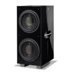 Glossy black floor-standing speaker with two large circular drivers and chrome accents.