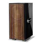 Floor-standing black speaker with a vertical wooden slat grille covering the drivers