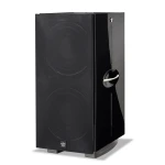 Black floor-standing speaker with two large circular driver units on the front panel and a glossy right-side cabinet with a curved chrome handle.