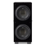 Tall black floorstanding speaker with two large circular drivers and REL Acoustics branding visible on the cones.