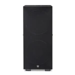Tall black floorstanding speaker with two large circular drivers and a crown emblem at the base.