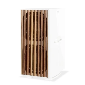 White floor-standing speaker with two large brown woofer cones visible behind vertical wooden slats behind a white cabinet edge.