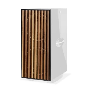 Tall floor-standing speaker with a vertical wooden slat grille in front of two large drivers and a white cabinet behind it, showcasing a modern hi-fi design