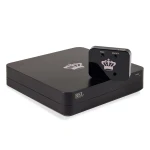 Black rectangular audio device with a glossy front panel showing PAIR and ON/OFF controls and a crown emblem (REL Acoustics). Touching on pairing, compact wireless receiver feel.