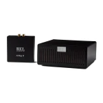 REL Acoustics AirShip II wireless transmitter and a larger black vented amplifier, both on a white background.