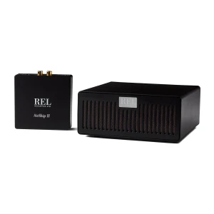 REL Acoustics AirShip II wireless transmitter and a larger black vented amplifier, both on a white background.