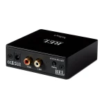 Black REL Acoustics box with rear RCA outputs (R OUT, L OUT) and a pairing port; power input on left; site URL on side.
