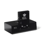 Black REL Acoustics subwoofer with a vertical control module mounted on top, labeled SEND and ON/OFF for the panel.