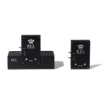 Pair of black REL Acoustics wireless transmitter and receiver units labeled SEND and RECEIVE, with on/off indicators on the panels.