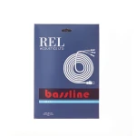 Blue packaging box for REL Acoustics with a coiled audio cable graphic and the word 'bassline' in red on a dark label, plus a light blue stripe labeled 'BLUE' at the bottom edge of the box.