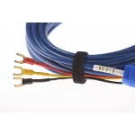Blue multi-conductor electrical cable with four color-coded leads (red, yellow, black, blue) ending in metal spade terminals, secured by a Velcro strap.
