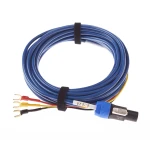 Coiled blue test lead wires with red, yellow, and black banana plug ends and a blue connector on a white background with a Velcro strap keeping them together