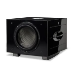 Glossy black subwoofer enclosure with a large circular driver and chrome accents, photographed at an angle against a white background.