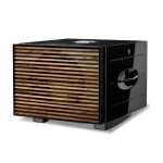 Black glossy cabinet heater with wooden horizontal slats covering the front grill and a large round chrome control knob on the side.