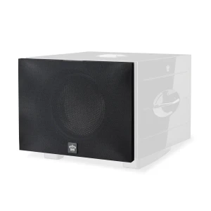 Black front-facing speaker/subwoofer with a mesh grill and small crown emblem at the bottom center of the grille.