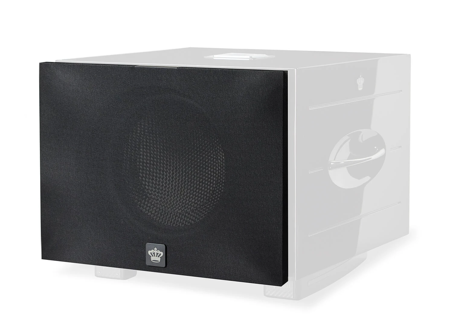 rel-carbon-special-black-label-grille - Enigma High Fidelity Audio Black front-facing speaker/subwoofer with a mesh grill and small crown emblem at the bottom center of the grille.