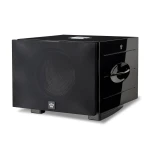 Black subwoofer with a large fabric-front grille and glossy black side panel featuring a round chrome control knob and crown logo on the front badge