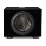 Front view of a black subwoofer with a large circular driver and metal screws around the frame.