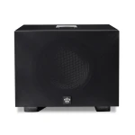 Black rectangular subwoofer with a circular front speaker grille and a small crown logo on the lower front panel. The top surface has a recessed metal handle.