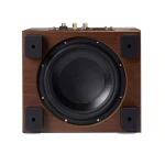 Wooden speaker cabinet with a large black circular woofer on the front and four black corner pads; top controls visible at the back.