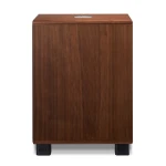 Wooden subwoofer with a dark brown finish, standing on black platform feet labeled REL, viewed from the front.