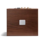 Front view of a wooden stereo amplifier with a silver REL badge centered on the front panel and top control knobs visible