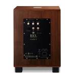 Rear view of a REL Classic 98 subwoofer in a walnut wooden cabinet, showing controls, inputs, and power switch plate.